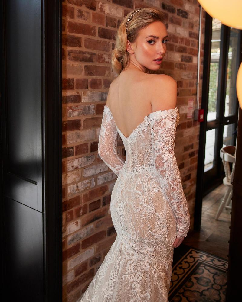 La22245 off the shoulder long sleeve lace wedding dress with sheath silhouette4